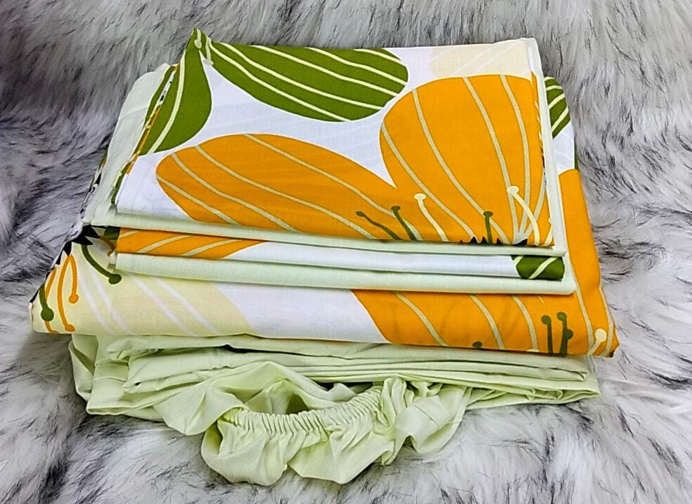 Mix and match bedsheets;2 pcs bedsheets,1 fitted-Plain,1flat -pattern and 4 pcs pillow cases.Indulge in the sumptuous softness of our premium cotton fabric, renowned for its breathability, durability.