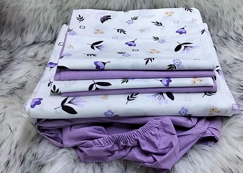Mix and match bedsheets;2 pcs bedsheets,1 fitted-Plain,1flat -pattern and 4 pcs pillow cases.Indulge in the sumptuous softness of our premium cotton fabric, renowned for its breathability, durability.