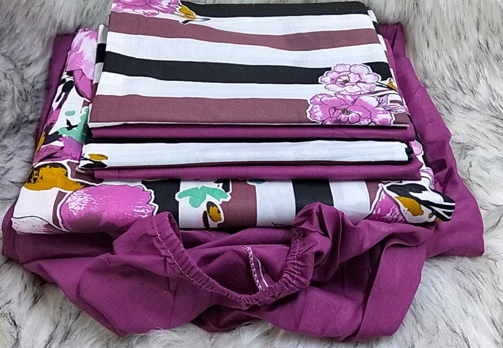 Mix and match bedsheets;2 pcs bedsheets,1 fitted-Plain,1flat -pattern and 4 pcs pillow cases.Indulge in the sumptuous softness of our premium cotton fabric, renowned for its breathability, durability.