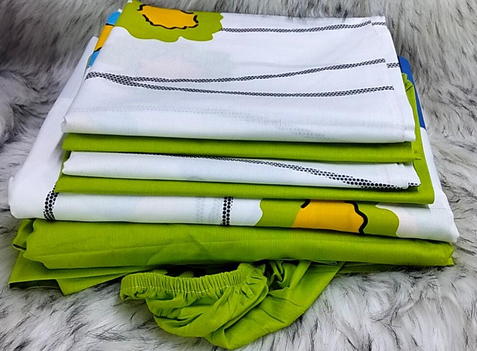 Mix and match bedsheets;2 pcs bedsheets,1 fitted-Plain,1flat -pattern and 4 pcs pillow cases.Indulge in the sumptuous softness of our premium cotton fabric, renowned for its breathability, durability.