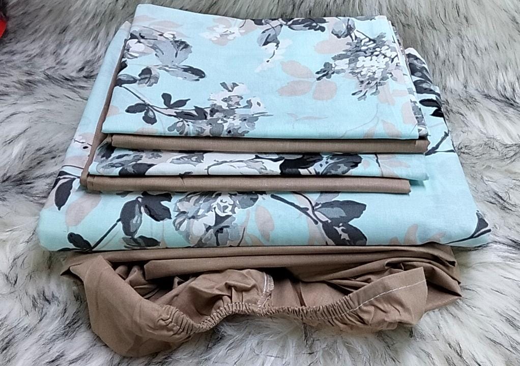 Mix and match bedsheets;2 pcs bedsheets,1 fitted-Plain,1flat -pattern and 4 pcs pillow cases.Indulge in the sumptuous softness of our premium cotton fabric, renowned for its breathability, durability.