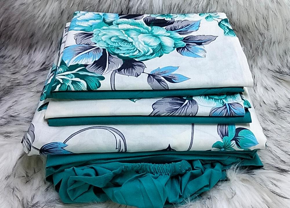 Mix and match bedsheets;2 pcs bedsheets,1 fitted-Plain,1flat -pattern and 4 pcs pillow cases.Indulge in the sumptuous softness of our premium cotton fabric, renowned for its breathability, durability.