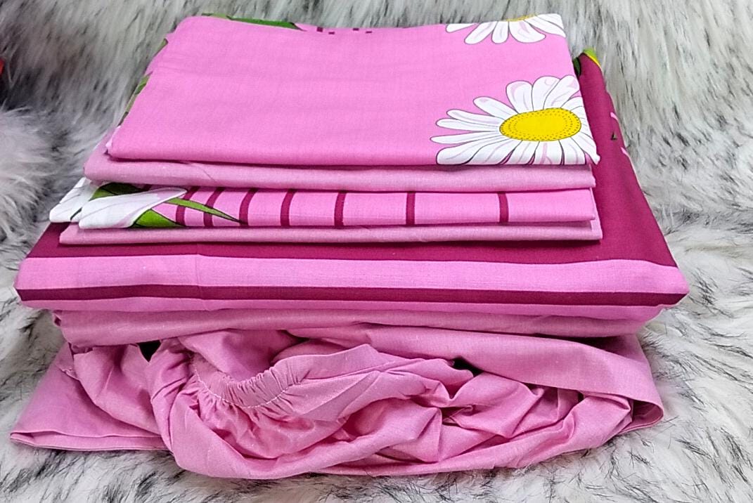 Mix and match bedsheets;2 pcs bedsheets,1 fitted-Plain,1flat -pattern and 4 pcs pillow cases.Indulge in the sumptuous softness of our premium cotton fabric, renowned for its breathability, durability.