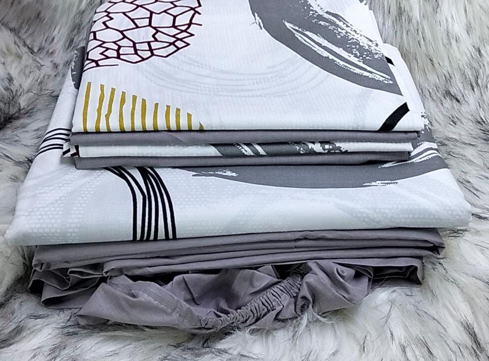 Mix and match bedsheets;2 pcs bedsheets,1 fitted-Plain,1flat -pattern and 4 pcs pillow cases.Indulge in the sumptuous softness of our premium cotton fabric, renowned for its breathability, durability.