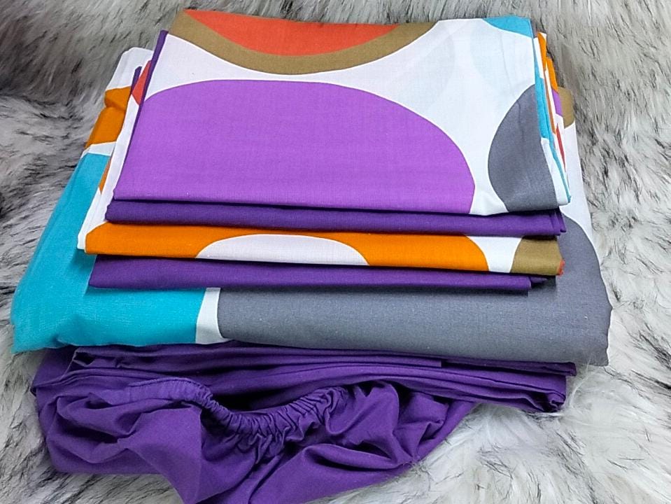 Mix and match bedsheets;2 pcs bedsheets,1 fitted-Plain,1flat -pattern and 4 pcs pillow cases.Indulge in the sumptuous softness of our premium cotton fabric, renowned for its breathability, durability.