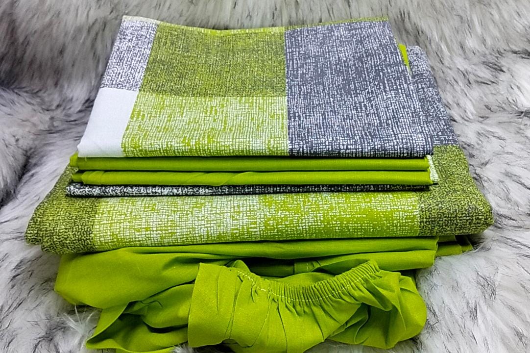 Mix and match bedsheets;2 pcs bedsheets,1 fitted-Plain,1flat -pattern and 4 pcs pillow cases.Indulge in the sumptuous softness of our premium cotton fabric, renowned for its breathability, durability.
