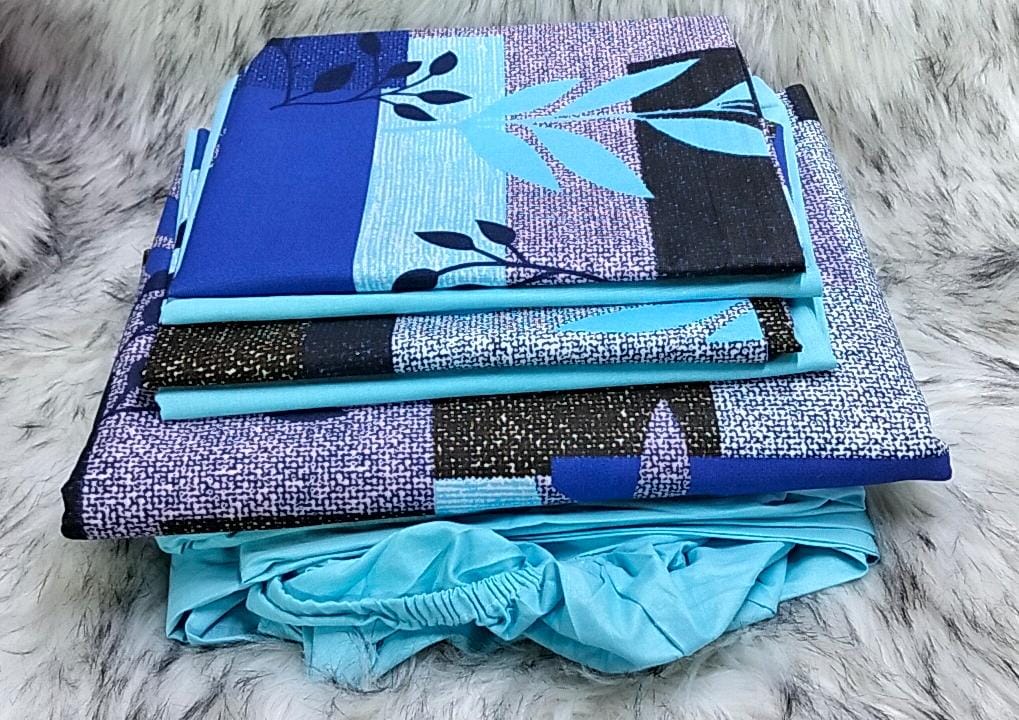 Mix and match bedsheets;2 pcs bedsheets,1 fitted-Plain,1flat -pattern and 4 pcs pillow cases.Indulge in the sumptuous softness of our premium cotton fabric, renowned for its breathability, durability.