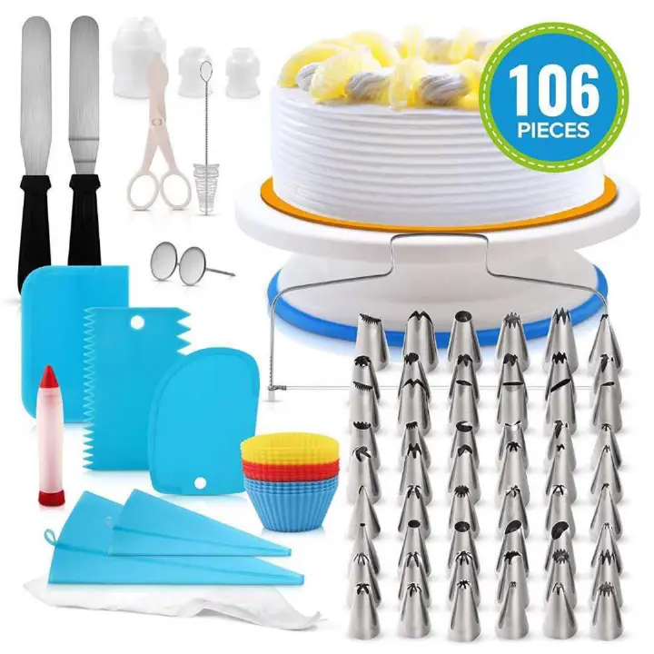 106 piece cake decorating set. Perfect tools to decorate your desserts, cakes, cupcakes, cookies, pastry, sugar craft and more, helps you easily decorate cakes for birthdays,weddings and other events.
