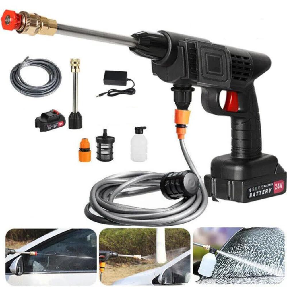 PORTABLE CORDLESS PRESSURE WASHER GUN. Wireless Car Wash Spray Gun Machine, Comes with multiple spray nozzles for adjustable spray patterns and a water hose with filter.