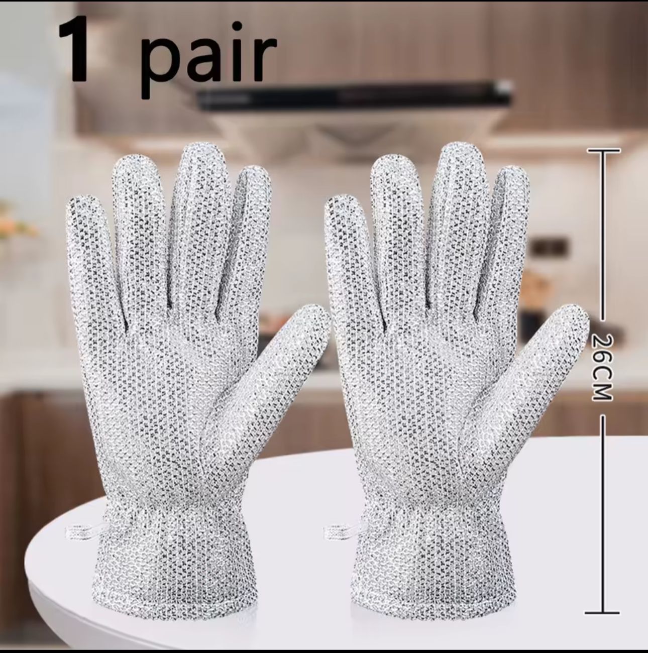 CLEANING GLOVES. A Pair of Magic Steel Wire Cleaning Gloves Household Dishwashing, Designed with a textured, non-slip grip and is durable enough to scrub dishes, pots, and pans without damaging hands.