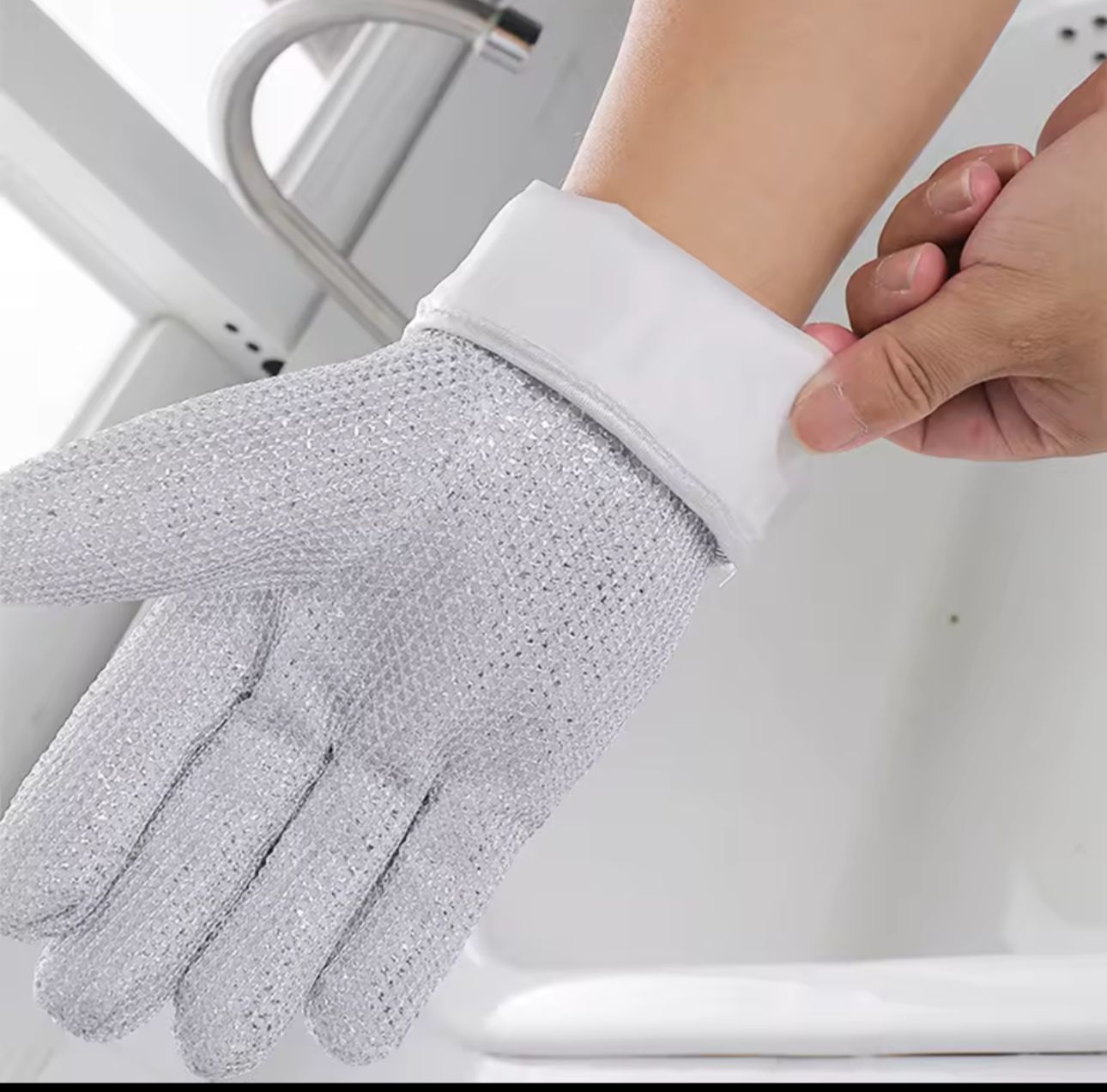 CLEANING GLOVES. A Pair of Magic Steel Wire Cleaning Gloves Household Dishwashing, Designed with a textured, non-slip grip and is durable enough to scrub dishes, pots, and pans without damaging hands.