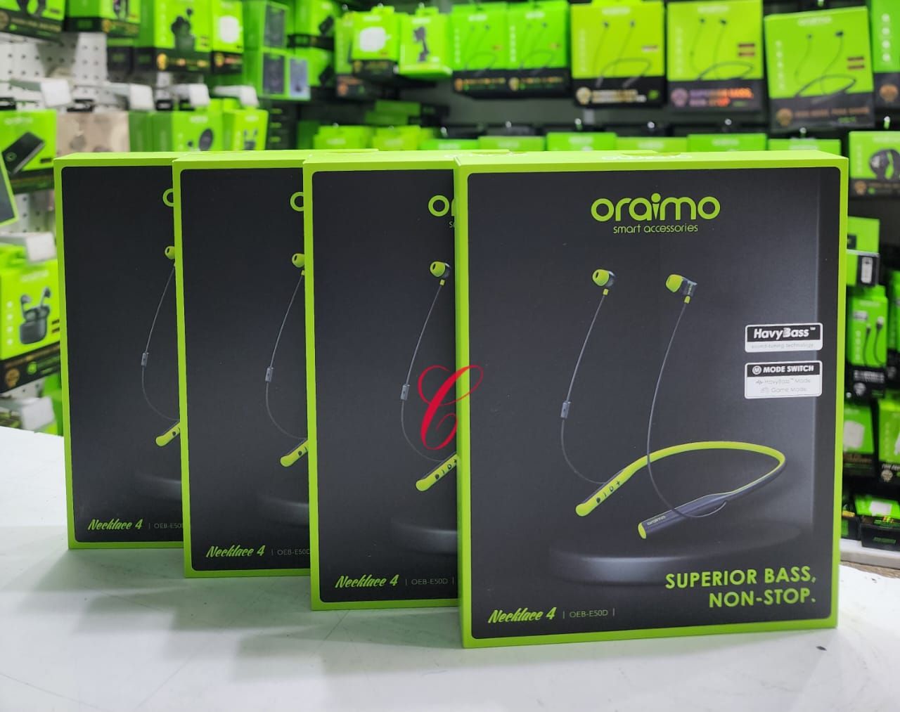 ORAIMO NECKLACE 4 WIRELESS NOISE CANCELLATION EARPHONES FOR ALL SMARTPHONES , CAN WITHSTAND POWER FOR MORE THAN 5 DAYS STANDBY , PURE BASS QUALITY