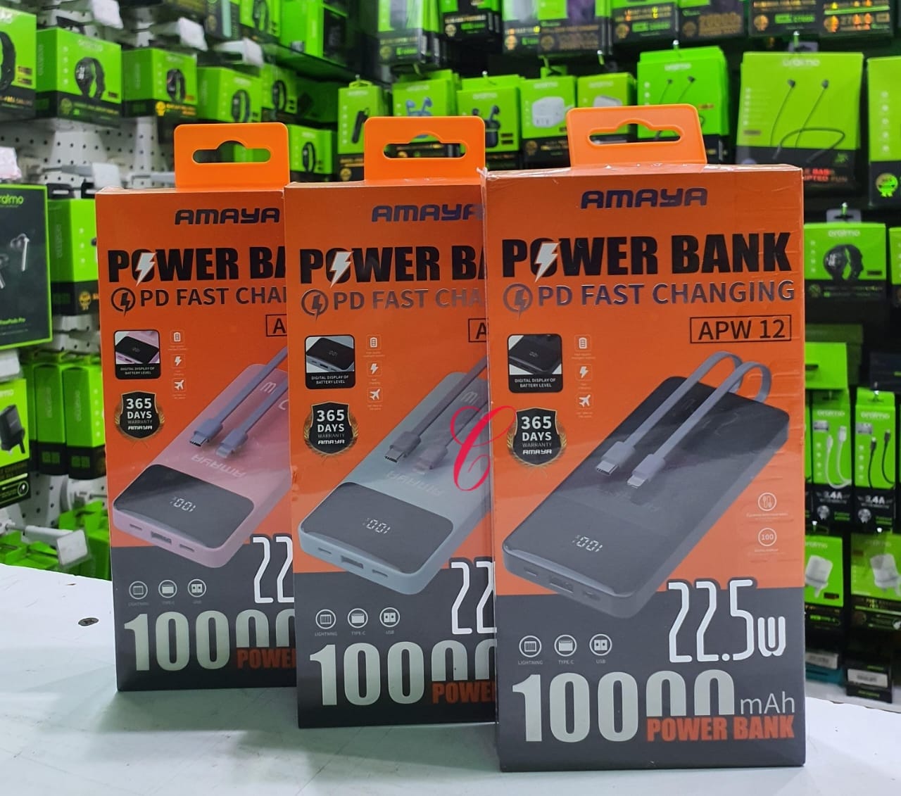 Amaya APW-12 22.5W 10,000mAh power banks with built in Type C & lightning cables ,fast charging .compatible with all models of smart devices