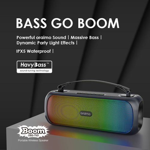 Oraimo Boom OBS-75D Bass Go Boom Speaker,wireless speaker that has an incredible tremble and base sounds .can withstand power for upto 7 days standby,modern design ,simple and good quality and durable