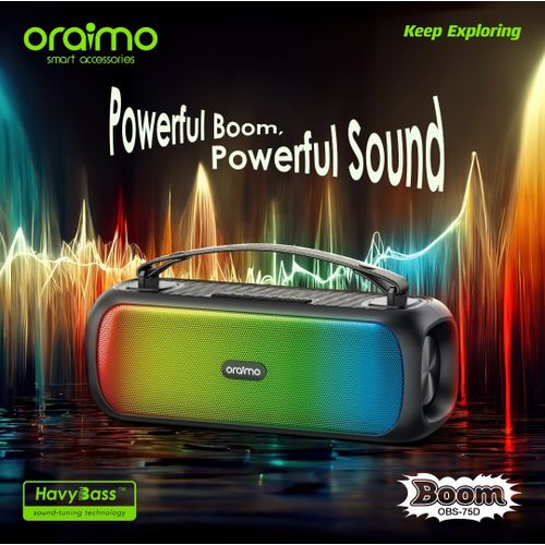 Oraimo Boom OBS-75D Bass Go Boom Speaker,wireless speaker that has an incredible tremble and base sounds .can withstand power for upto 7 days standby,modern design ,simple and good quality and durable