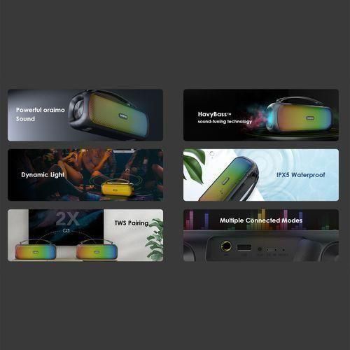 Oraimo Boom OBS-75D Bass Go Boom Speaker,wireless speaker that has an incredible tremble and base sounds .can withstand power for upto 7 days standby,modern design ,simple and good quality and durable
