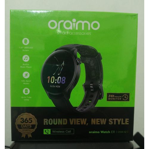 Oraimo Watch ER 1.43'' AMOLED IP68 Smart Watch, always on display feature due to it's amoled screen type, can manage all calls via receiving nd ending , can withstand battery for long hours upto 10day