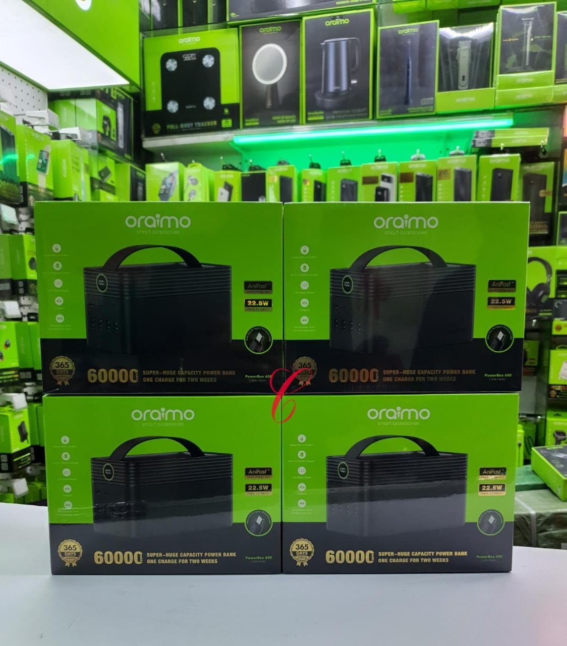 Oraimo powerbox 600OPB-P600Q 60000mAh powerbank,super huge powerbank , one full charge can lasts upto 2 weeks standby. can charge upto 20 plus rounds including laptops and pc