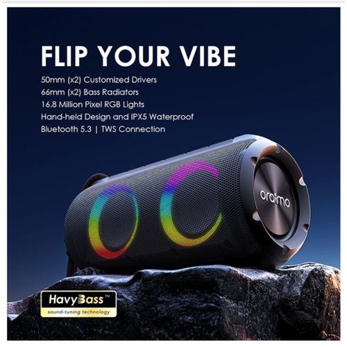 Oraimo OBS-53D Rover RGB Lights Bluetooth 5.3 Portable IPX5 Wireless Speaker, has an incredible sound system . can withstand power for a very long time upto 2 weeks