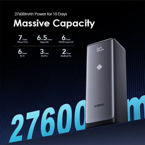 Oraimo PowerJet 130 27600mAh 130W Power Bank,can charge a laptop or a pc , can withstand power for a long period of time upto 5 days standby, can charge upto 8 phones ata row