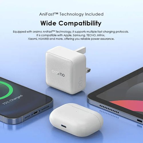 Oraimo Charger PowerCube 20 Chic 20W GaN Wall Charger Kit – Fast Charging With Type-C To Lightning Cable, Compact Design, Durable Build