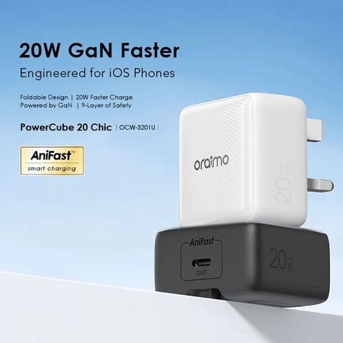 Oraimo Charger PowerCube 20 Chic 20W GaN Wall Charger Kit – Fast Charging With Type-C To Lightning Cable, Compact Design, Durable Build