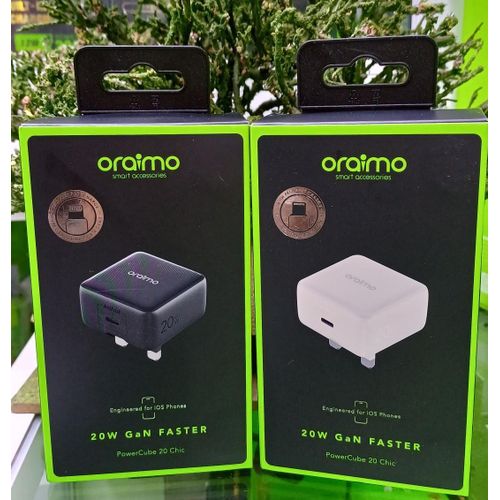 Oraimo Charger PowerCube 20 Chic 20W GaN Wall Charger Kit – Fast Charging With Type-C To Lightning Cable, Compact Design, Durable Build