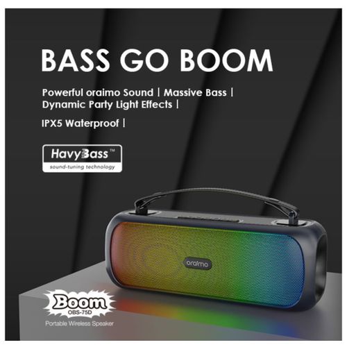Oraimo OBS-75D Boom Powerful Sound Massive Bass Dynamic Light Effects Portable Wireless Speaker. Has good quality sound system. pure tremble and deep bass system. can withstand power for a long period
