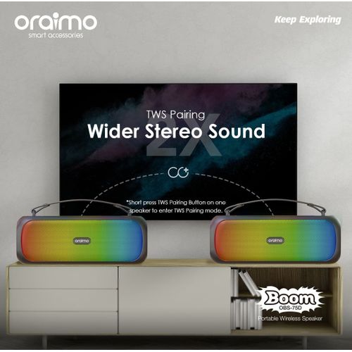 Oraimo OBS-75D Boom Powerful Sound Massive Bass Dynamic Light Effects Portable Wireless Speaker. Has good quality sound system. pure tremble and deep bass system. can withstand power for a long period