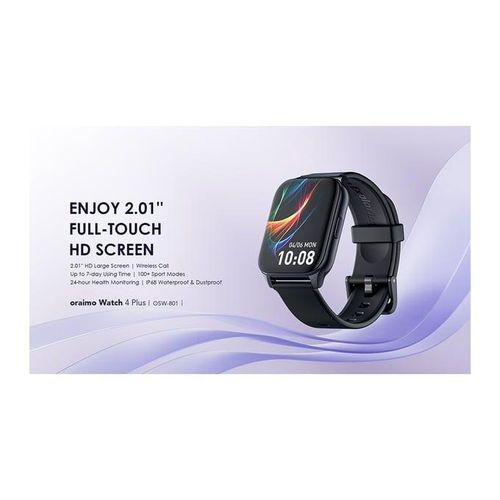 Oraimo watch 4 plus osw-801 smart watch, 2.01'' full touch hd display. can withstand power for a long period of time upto 7 days a week. manages all calls via receiving and ending