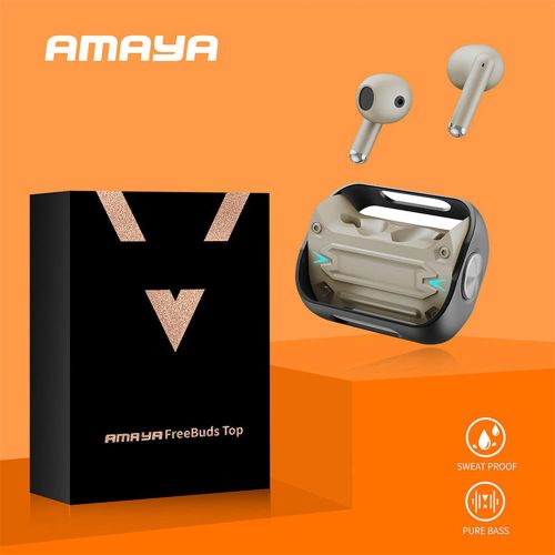 Amaya Freebuds Top True Wireless Earbuds TK01 - Desert Grey, has got good quality sound with active noise cancellation. can withstand power for a long period of time upto 5 days standby