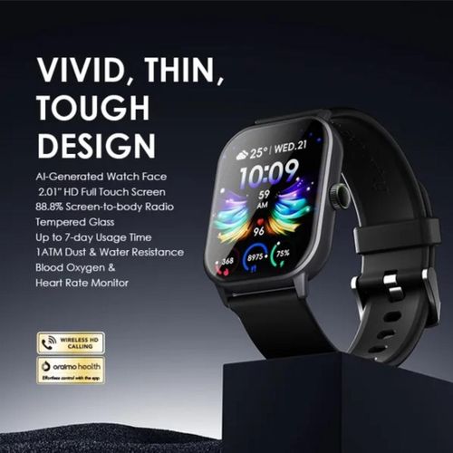 Oraimo Watch 5 2.01" HD, Wiress HD Calling, 1ATM Smart Watch-Light Chrome, can withstand power for a long period of time upto 7 days . can manage calls