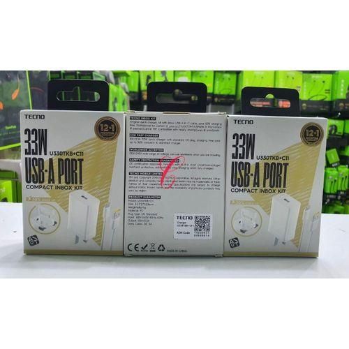 Tecno 33W Fast Charger-White. TCW-U33OTKB+C11 super fast charging charger . can completely charge a device within a short period of time