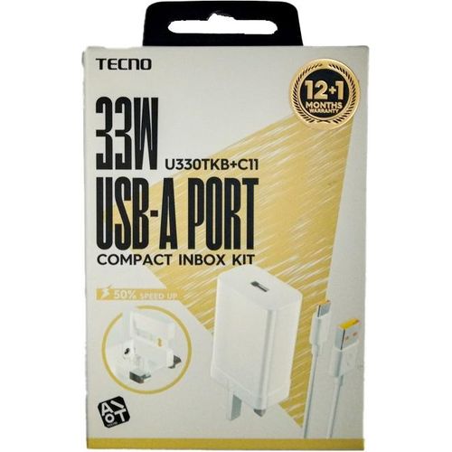 Tecno 33W Fast Charger-White. TCW-U33OTKB+C11 super fast charging charger . can completely charge a device within a short period of time