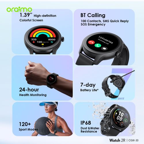 Oraimo Watch 2R 1.39" TFT IP68 Smart Watch. has a wide display , manages all calls and notifications . compatible with all devices