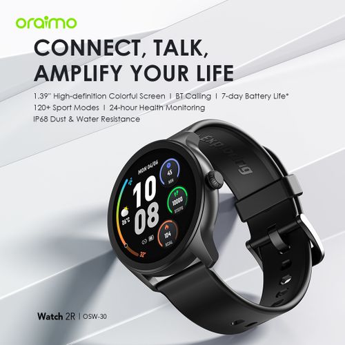 Oraimo Watch 2R 1.39" TFT IP68 Smart Watch. has a wide display , manages all calls and notifications . compatible with all devices
