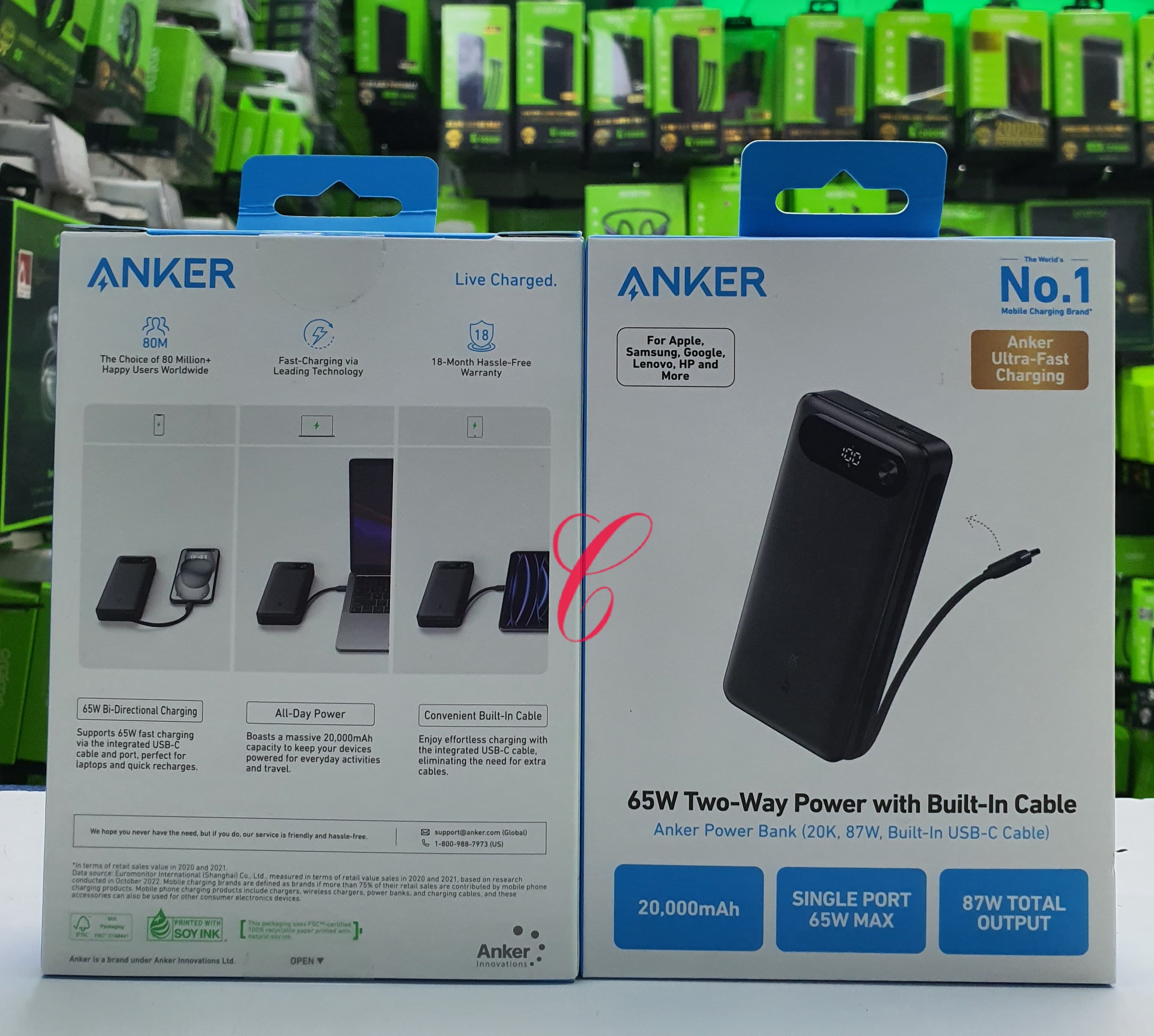 ANKER 20000mAh 87W TOTAL OUTPUT ULTRA FAST CHARGING POWER BANK WITH BUILT IN TYPE C CABLE. CAN CHARGE LAPTOPS AND PC AT A VERY FASTER RATE