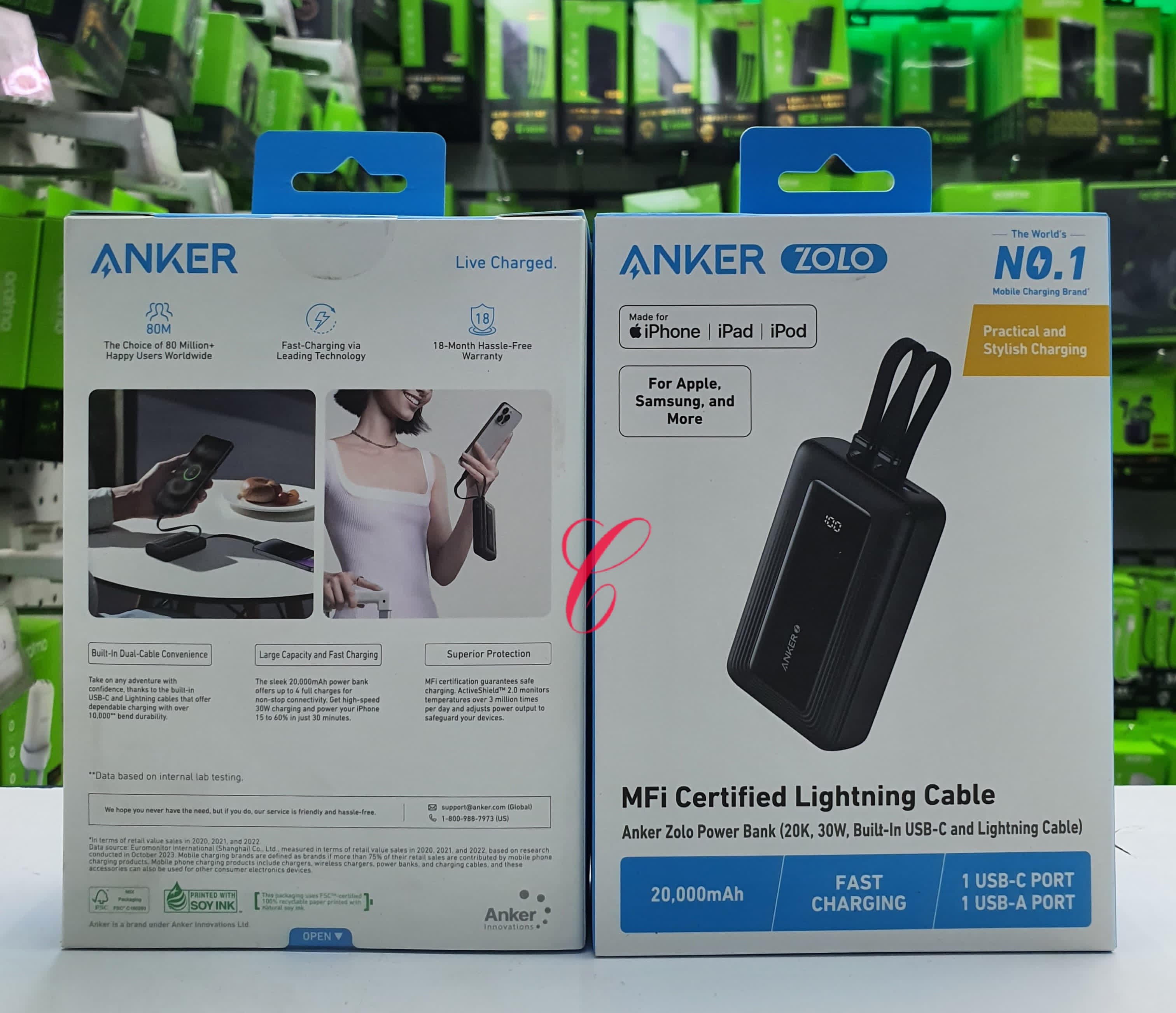 Anker Zolo 30W 20,000mAh High-Speed Power Bank with Built-in USB C and Lightning Cables, FOR APPLE ,SAMSUNG AND MORE.
