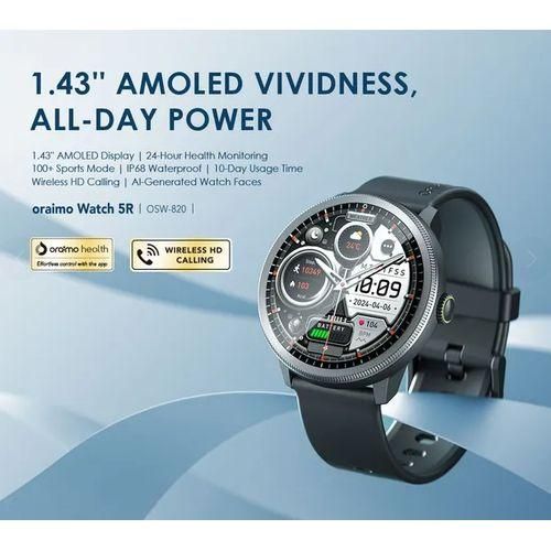 Oraimo Watch 5R OSW-820 1.43'' Amoled IP68 HD Calling Smart Watch. can withstand power for a long period of time upto 14 days standby of usage . manages al calls and notifications