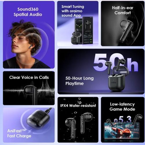 Oraimo FreePods Neo Half In Ear True Wireless Earbuds,.can withstand power for a long period of time upto5 days standby.has an incredible sound quality with a superb bass system