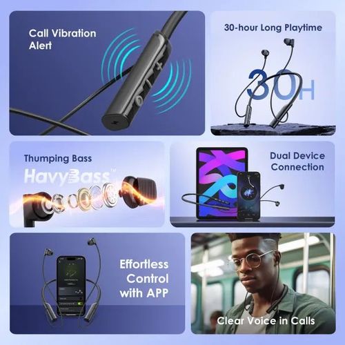 Oraimo Premium Necklace Lite Wireless Bluetooth Headphones – 30-Hour Playtime, HavyBass™ Sound, Call Vibration Alerts, Noise Cancellation, and IPX4 Waterproof.Has got an incredible bass system