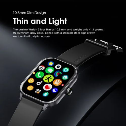 Oraimo All-day Health Monitoring ,Durable Smart Watch 5 2.01"With HD Panda Glass,Wireless HD Calling,105 Sports Mode + free charger. compatible with all phones.manages calls and notifications