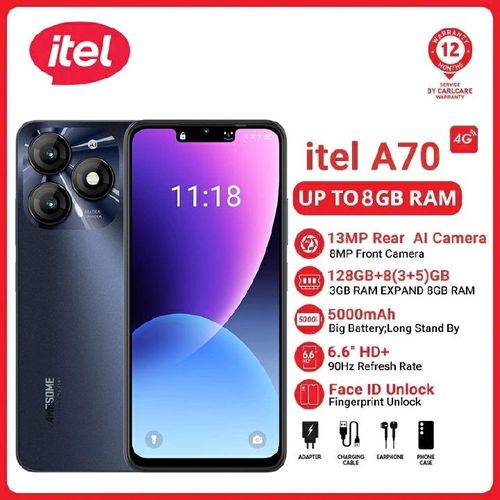 Itel A70 128GB+8(3+5)GB / 256GB+12(4+8)GB RAM 4G Network Dual SIM 13MP Camera 5000mAh 6.6-inch HD+Water Drop Full Screen Smartphone Fingerprint and Face Unlock Smart phone