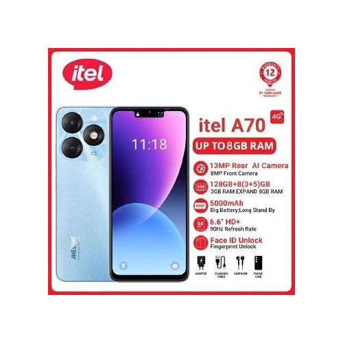 Itel A70 128GB+8(3+5)GB / 256GB+12(4+8)GB RAM 4G Network Dual SIM 13MP Camera 5000mAh 6.6-inch HD+Water Drop Full Screen Smartphone Fingerprint and Face Unlock Smart phone