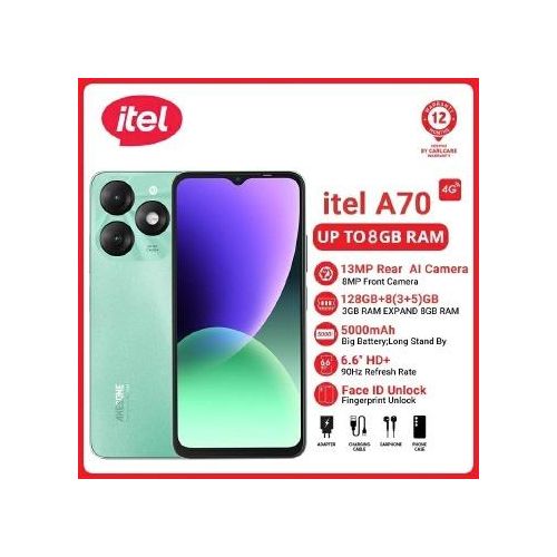 Itel A70 128GB+8(3+5)GB / 256GB+12(4+8)GB RAM 4G Network Dual SIM 13MP Camera 5000mAh 6.6-inch HD+Water Drop Full Screen Smartphone Fingerprint and Face Unlock Smart phone