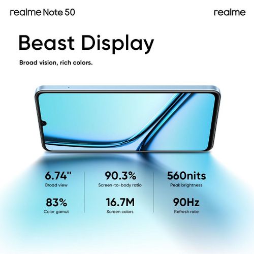 BRAND NEW REALME NOTE 50 128GB ROM + 4GB RAM 6.74"INCHES ULTRA CLEAR SCREEN IPS LCD Display Dual SIM (Nano-SIM)Dual SIM (Nano-SIM) USB TYPE C 5000 mAh Li-Po Battery IPS4 ANDROID 13 SMARTPHONE