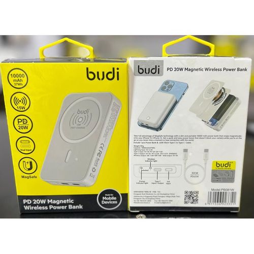 Budi PB081W PD 20W 10,000mAh Magnetic Wireless power bank with Type C output now available.Can withstand power for a long time upto 15 days standby.