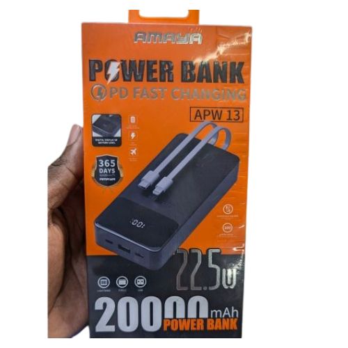 Amaya APW-13 22.5W 20,000mAh PD fast charging power banks with built in Type C & lightning cables available