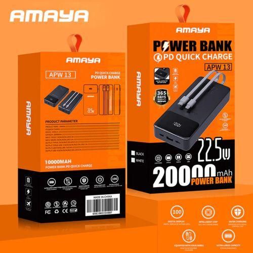 Amaya APW-13 22.5W 20,000mAh PD fast charging power banks with built in Type C & lightning cables available