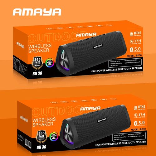 Amaya BD30 wireless Bluetooth speaker IPX5 waterproof with colorful lights.Can withstand power for a long period of time upto 5 days.
Has an incredible SUPERB BASS for clear audio output.